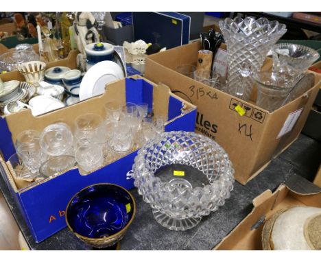 Two boxes of glassware and large glass vases and bowls