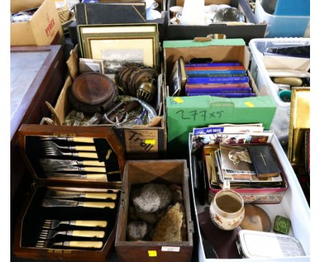 Five boxes of books, woodenware, pictures, postcards, fossils, cutlery set