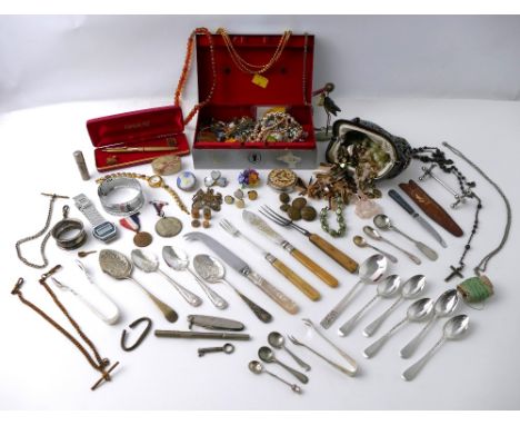 Cash tin and a box containing pen knifes, sugar tongs, costume jewellery, napkin rings, watches and a pen and cuff link set  