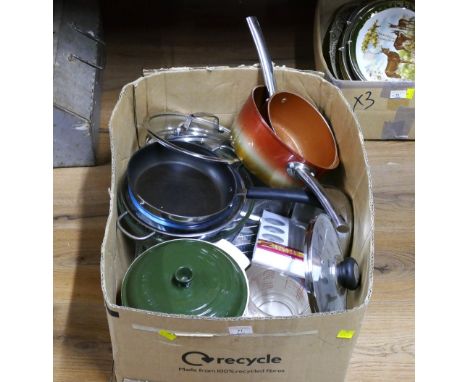 Box of cookware, glass mixing dishes, baking trays, sieve, Le Creuset green lidded pan etc