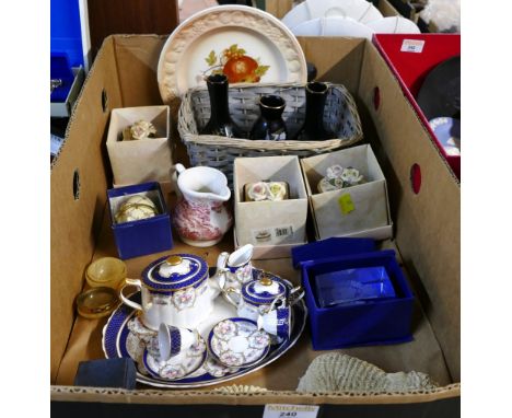 Box of miniature part tea set, paperweights, trinkets and ornaments