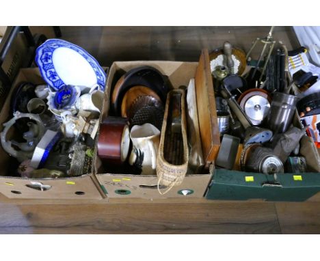 Three boxes of ornaments, ceramics, woodenware, metalware, barometers etc   