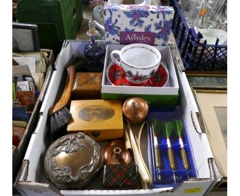 Box of Aynsley mistletoe and holly mug, copper trinkets, Mauchline Ware boxes, glass perfume bottle, set of darts