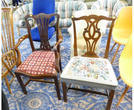 Pair of mismatched tapestry seated carved chairs 