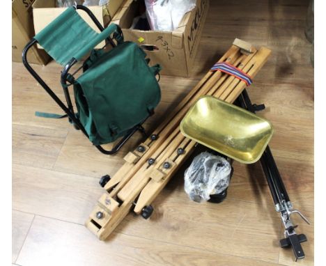 Daler Rowney artist's tripod, metal artist's tripod, canvas backpack and set of vintage weighing scales