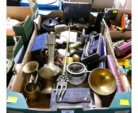 Box of brass, glassware, teapots, trinkets and ornaments 