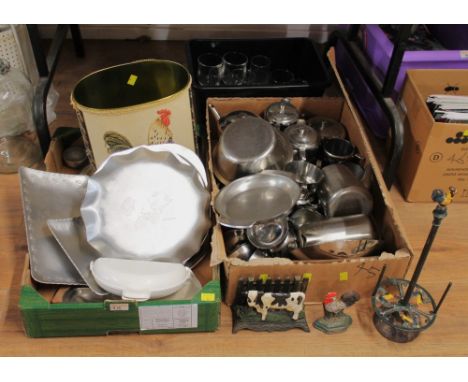 Two boxes of stainless steel tea sets, dishes, trays, glassware, bin etc