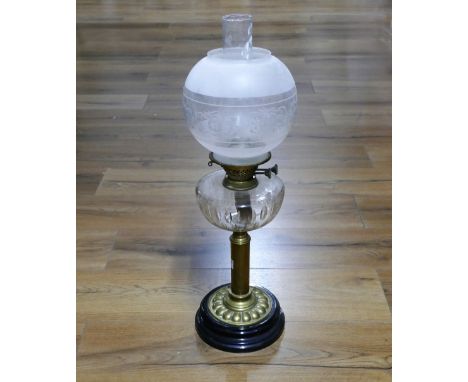 Brass column oil lamp with etched shade 