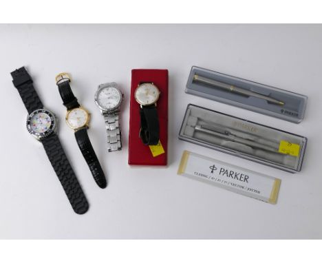 Quantity of vintage gents wrist watches including Uno, Krippl and two boxed Parker pens 