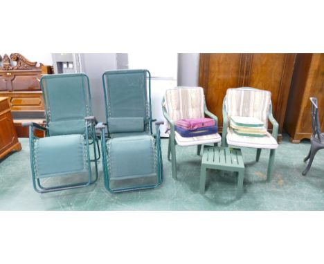 Quantity of plastic garden furniture and folding garden chairs 