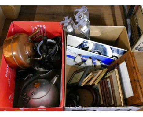 Two boxes of kettles, pictures, prints, ceramic penguin, ornaments  