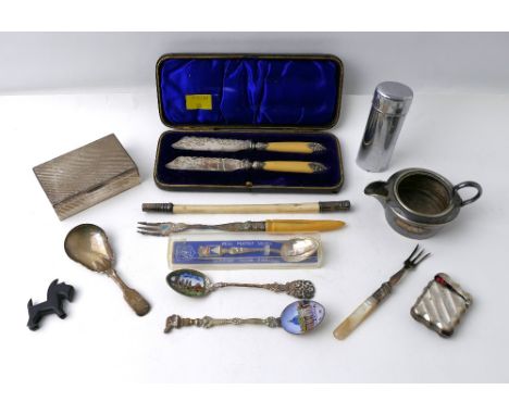 Quantity of silver and plated ware including silver caddy spoon, weighing 16 grams, silver cased match striker, enamelled spo