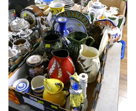 Box of ceramic jugs and vases, figurines and three larger wash jugs