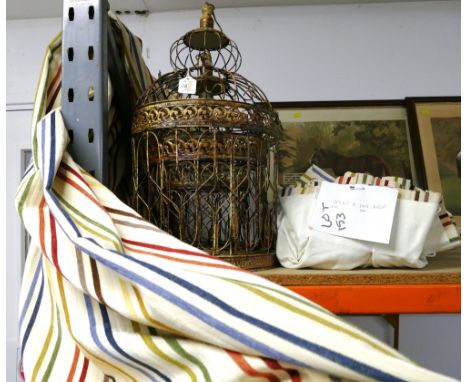 Graduated set of decorative hanging bird cages and a pair of striped curtains, 135 cm wide and 165 cm drop  