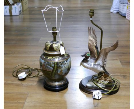 Flying duck formed lamp base and a bulbous painted ceramic lamp base 