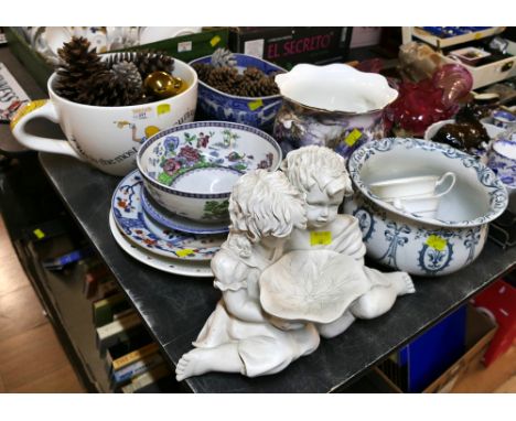 Collection of chamber pots, planters, ceramic plates and bowls, large pinecones, Alice in Wonderland cup