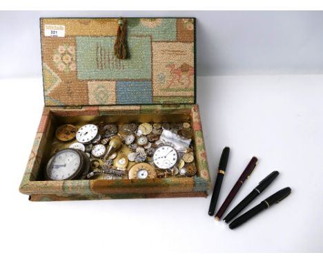 Box containing Antique watch parts and four fountain pens 