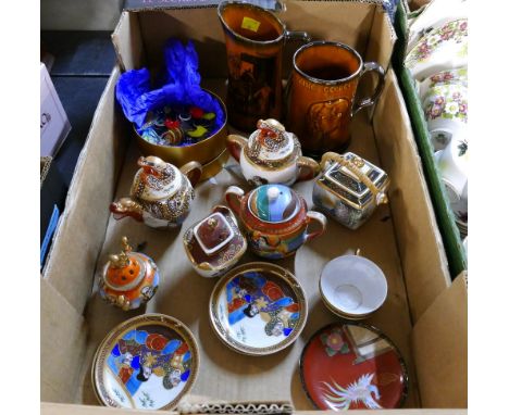 Box of oriental part tea set, King George VI tankard, box of Art Glass sweets