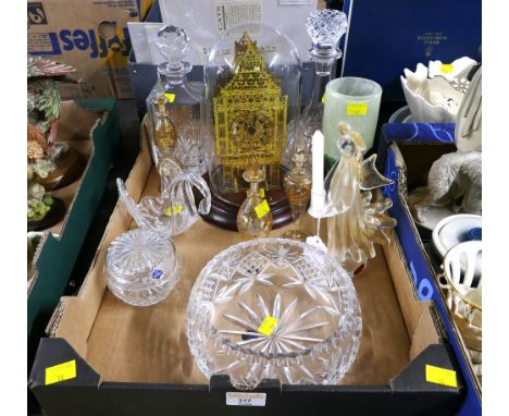 Box of glassware including decanters, fruit bowl and a Big Ben style mantle clock in glass dome  