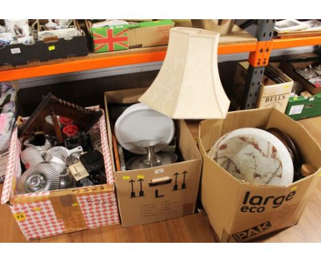 Three boxes of ceramics, glassware, ornaments, light fittings etc