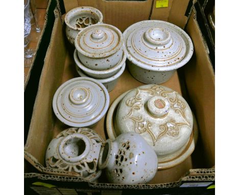 Box of studio pottery including a butter dish 