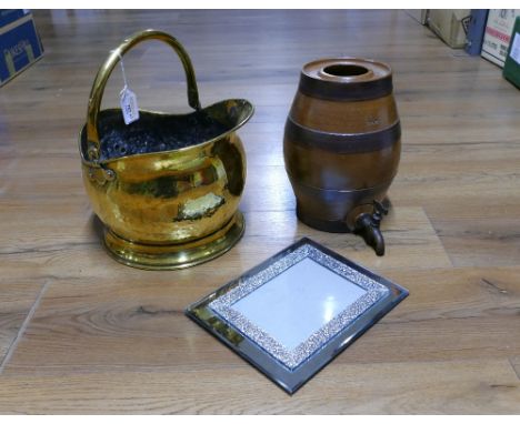 Brass coal helmet, stoneware one gallon brewery barrel with tap and a picture frame