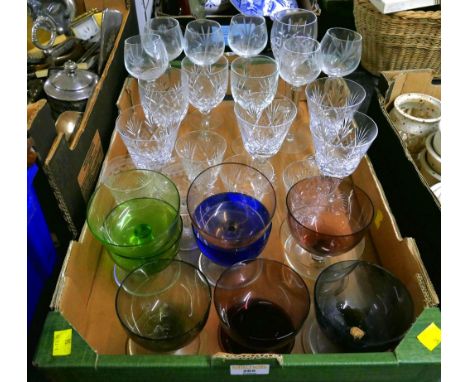 Box of glassware, including coloured glass, wine glasses etc 