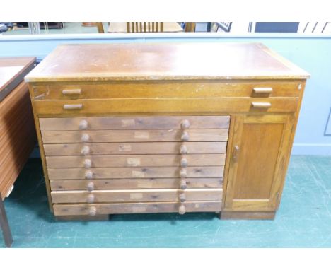 Leather tooled top map or document chest with cupboard to the lower right H 92cm, W 138cm, D 76cm