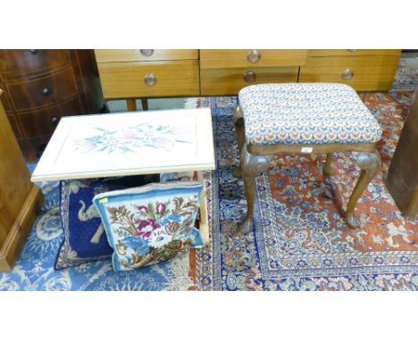 Tapestry top footstool and tapestry topped table and two cushions 