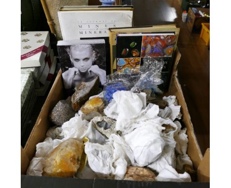 Box of mineral stones and mineral and rock collecting books 