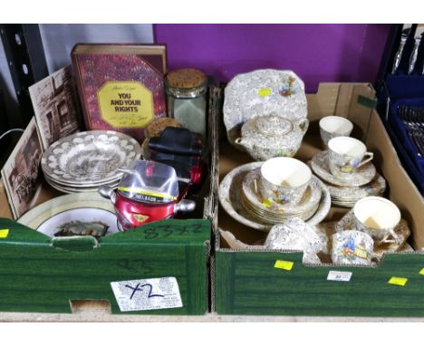 Two boxes of Shelton Ivory crinoline lady part tea set, decorative plates, glass jars and a remote control bike