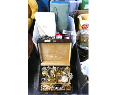 Jewellery box and a box of costume jewellery including brooches, necklaces, watches etc  