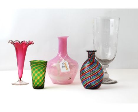 Five pieces of glassware, cranberry glass, Art Glass and pink Mary Gregory style