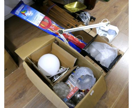 Two boxes of light bulbs, glass light shades, magnifying lamp, kite etc.