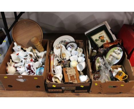 Three boxes of ceramic ornaments, jugs, mugs, glassware etc