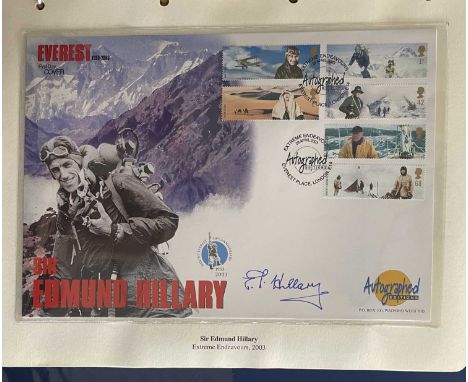 A folio containing various autographed first day covers, television, sporting, exploration etc. To include Sir Edmund Hillary