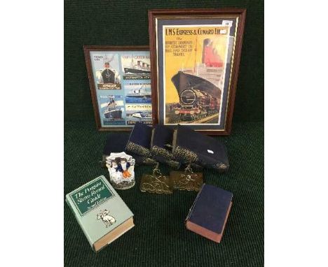 Two framed Cunard montages, together with a flat back Staffordshire figure, a pair of brass bookends, folios and volumes incl