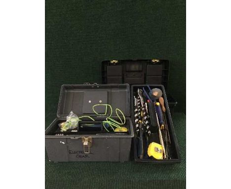 Four plastic tool boxes of hand tools