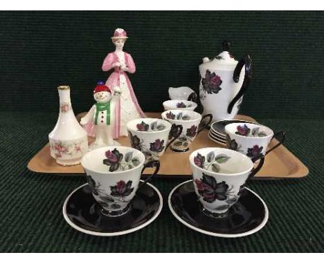 A tray of Royal Albert Masquerade tea service, Coalport figurine - Emily, Carlton ware leaf dishes etc.