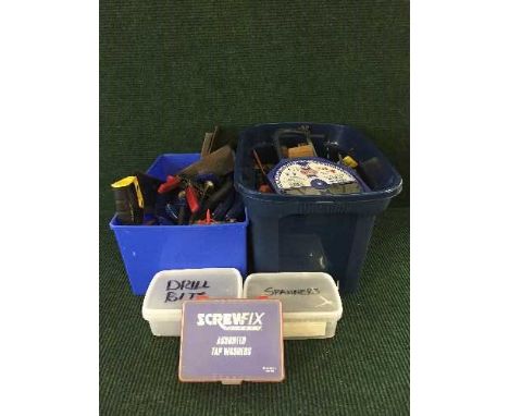 Three plastic tubs, hand tools, wood working planes, G-clamps etc
