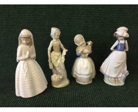 A Nao figure - Washer woman, Nao figure of a bride and two other Nao figures