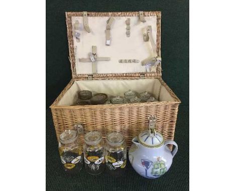 A wicker hamper and two cases containing a large quantity of Kilner jars, Royal Tuscan china, picnic set etc