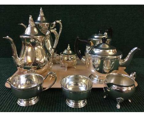 A tray of four piece Viner's tea service, plated ware etc