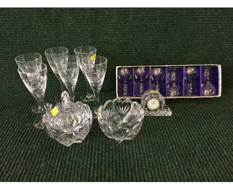 A tray of Waterford Crystal mantle clock, two dishes, set of six Stuart Crystal glasses etc.