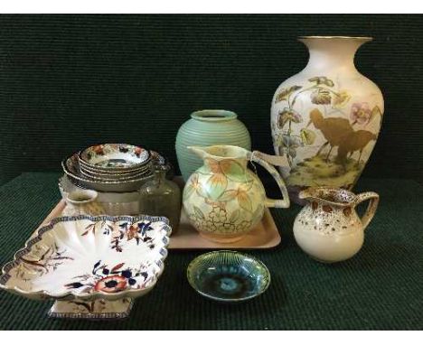 A tray containing Royal Worcester Evesham flan dish, English pottery jugs, early 20th century pottery vase, comport etc