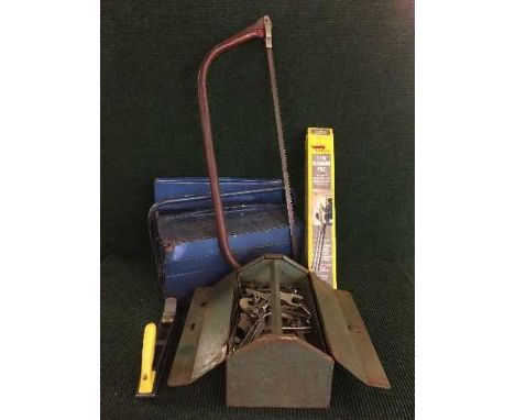 Two metal tool boxes containing hand tools, together with a Performance hedge trimmer, Black and Decker drill etc