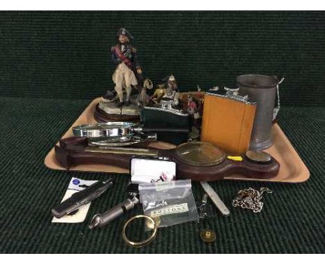 Two trays containing hip flasks, brushes, a vintage horse hair fly whisk, barometer, metal soldiers etc