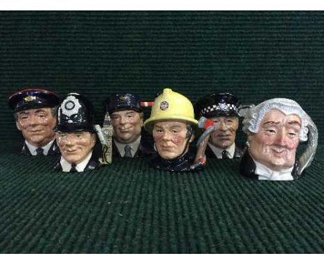 Six Royal Doulton character jugs : The Lawyer, The London Bobby, The engine Driver, The postman, The Policeman and The Firema