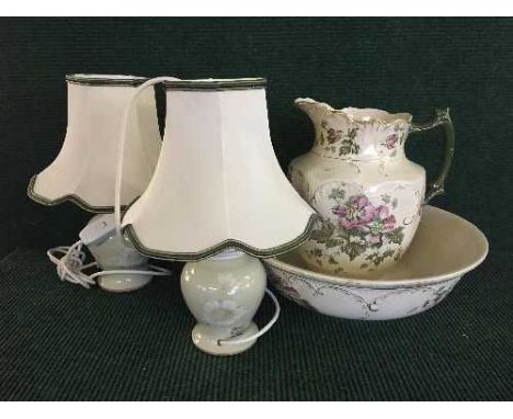 Two white marble table lamps together with a pair of ceramic table lamps and china jug with basin