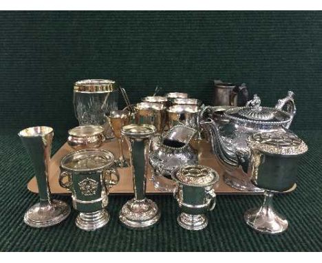 A tray of three piece silver plated tea service, flower holders, crystal ice bucket etc.